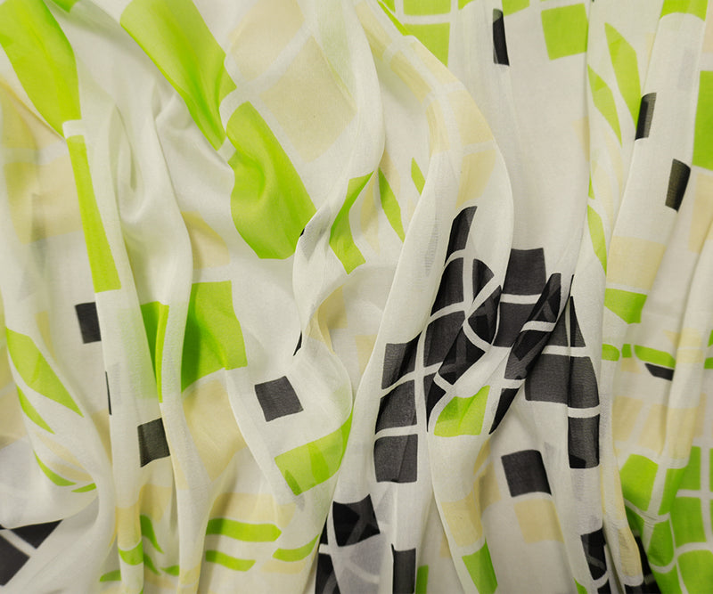 Ivory-Black-Multi Silk Geometric Printed Chiffon Woven Fabric