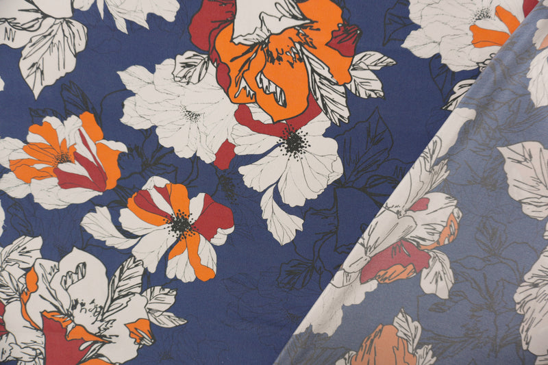 Blue Silk Floral Printed Crepe De Chine Woven Fabric