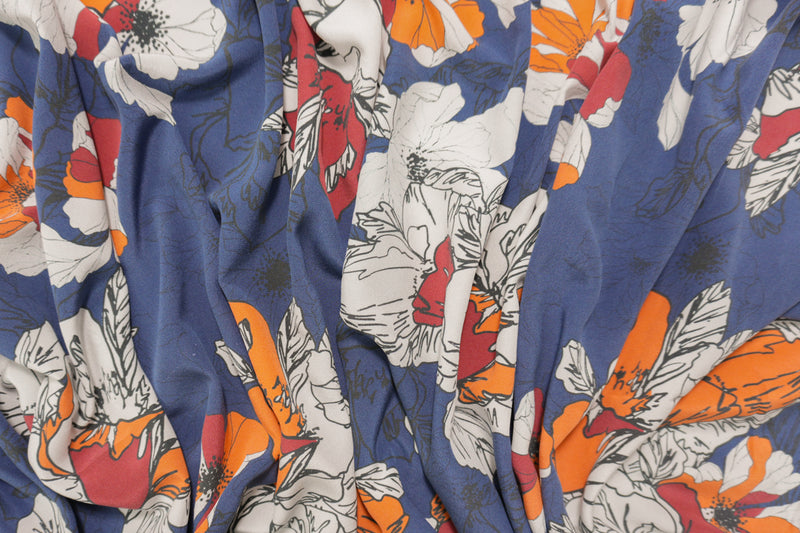 Blue Silk Floral Printed Crepe De Chine Woven Fabric