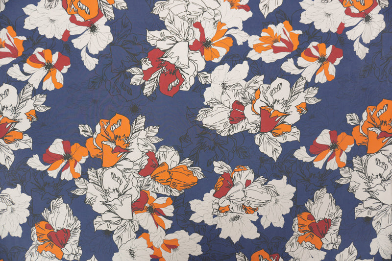 Blue Silk Floral Printed Crepe De Chine Woven Fabric