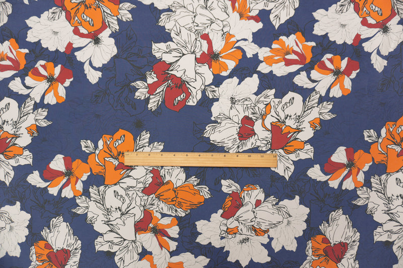 Blue Silk Floral Printed Crepe De Chine Woven Fabric