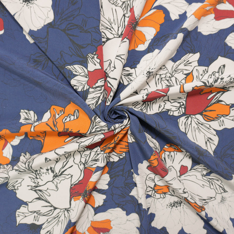 Blue Silk Floral Printed Crepe De Chine Woven Fabric