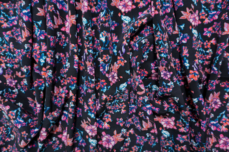Black Silk Floral Printed Crepe De Chine Woven Fabric