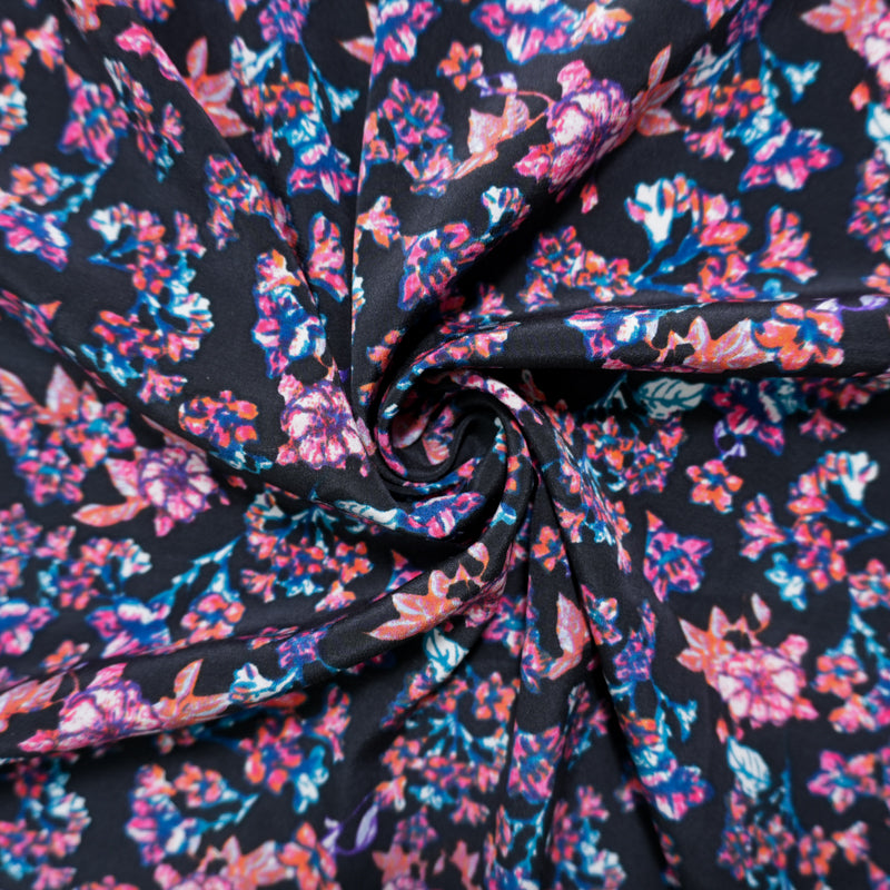 Black Silk Floral Printed Crepe De Chine Woven Fabric