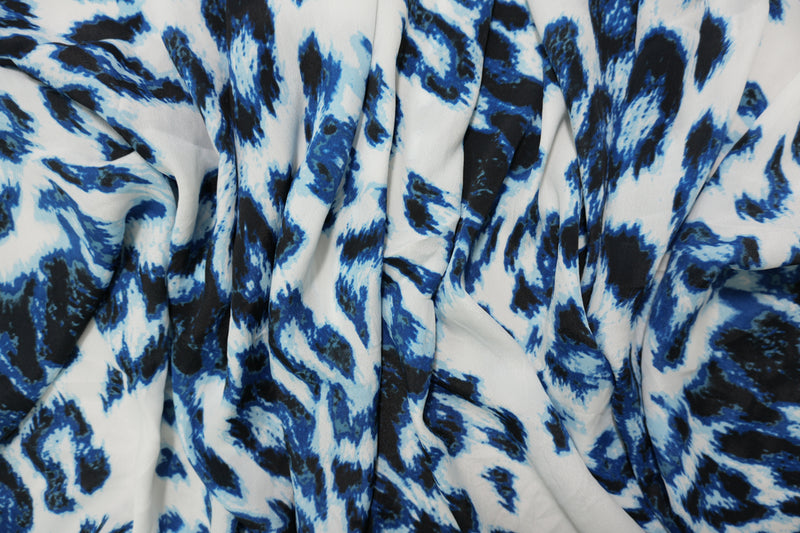 Blue Silk Abstract Leopard Printed Crepe De Chine Woven Fabric