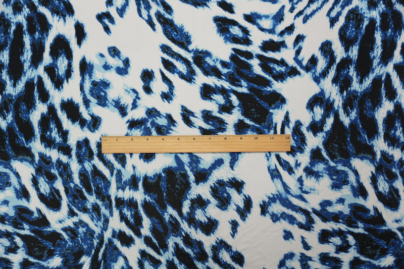 Blue Silk Abstract Leopard Printed Crepe De Chine Woven Fabric