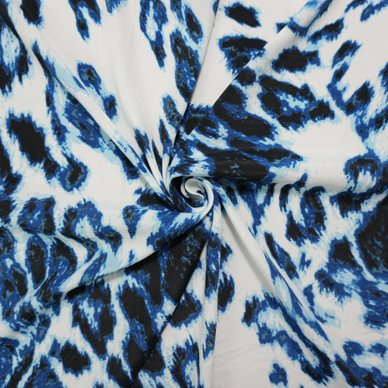 Blue Silk Abstract Leopard Printed Crepe De Chine Woven Fabric