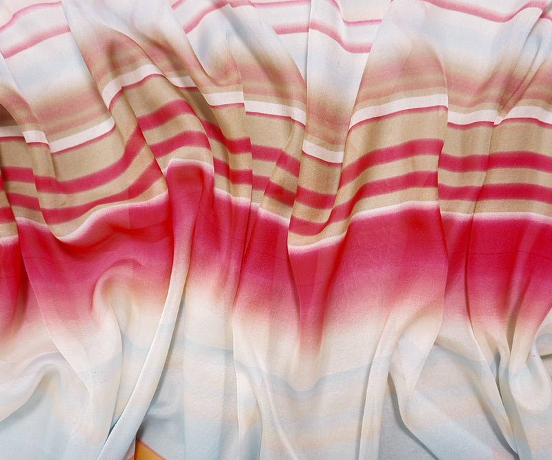 Pink-White-Multi Silk Ombre Stripe Printed Chiffon Woven Fabric