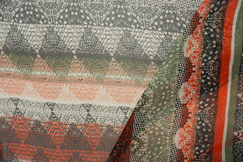 Black-Multi Silk Diamond Stripe Printed Chiffon Woven Fabric
