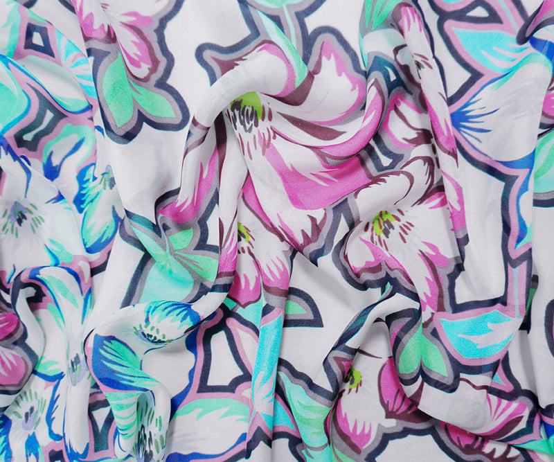 Pink-White-Multi Silk Floral Printed Chiffon Woven Fabric