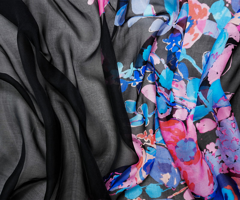 Black Silk Floral Border Printed Chiffon Woven Fabric