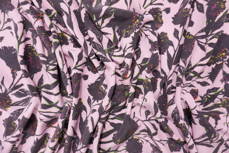 Pink Silk Floral Printed Crepe De Chine Woven Fabric