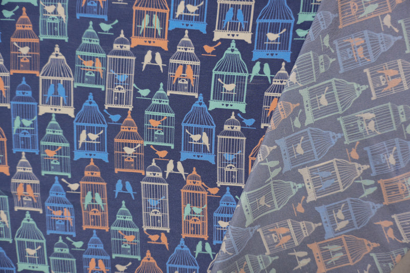 Blue Silk Birdcage Printed Crepe De Chine Woven Fabric
