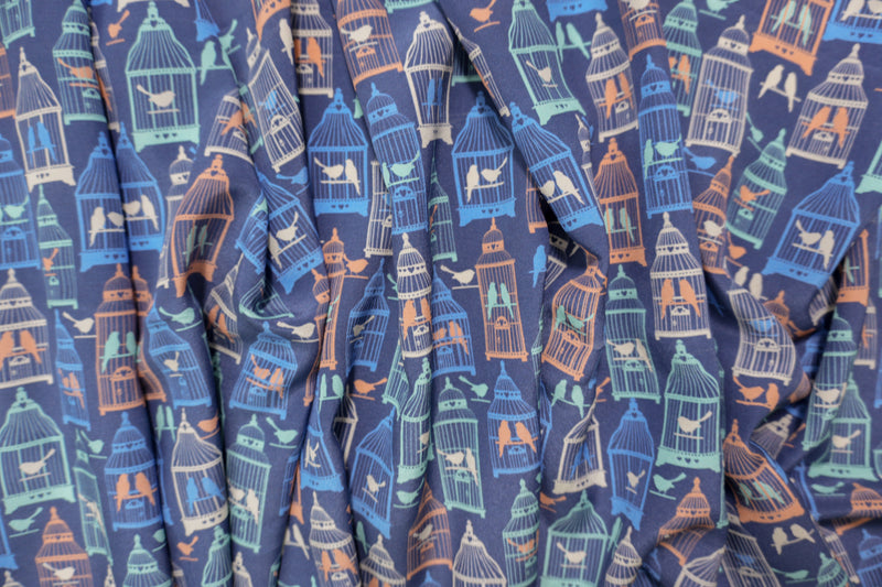 Blue Silk Birdcage Printed Crepe De Chine Woven Fabric