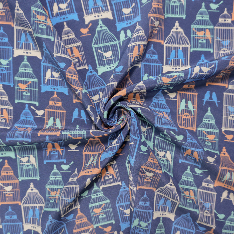 Blue Silk Birdcage Printed Crepe De Chine Woven Fabric