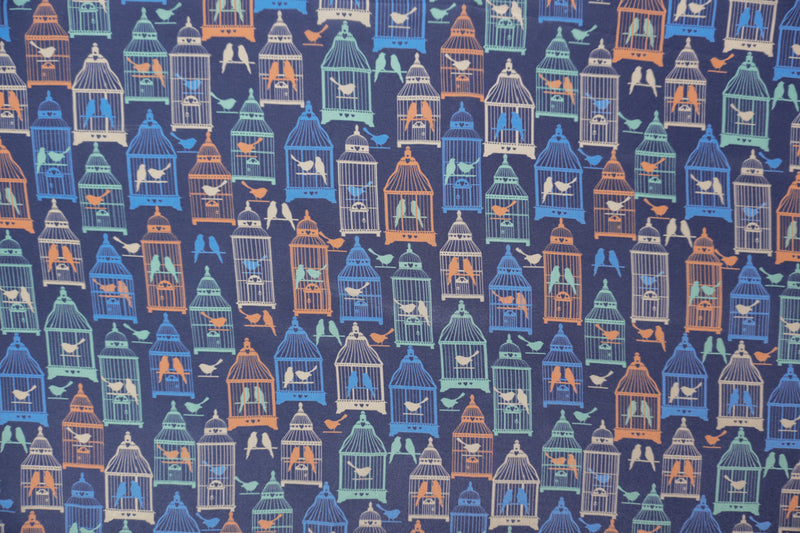 Blue Silk Birdcage Printed Crepe De Chine Woven Fabric