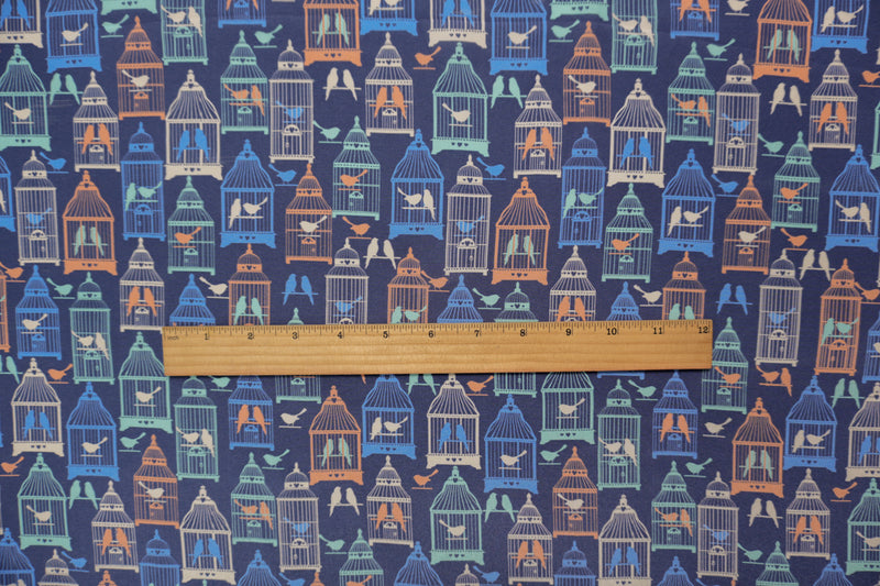 Blue Silk Birdcage Printed Crepe De Chine Woven Fabric