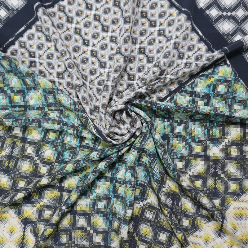 Blue Silk Diamond Printed Crepe De Chine Woven Fabric