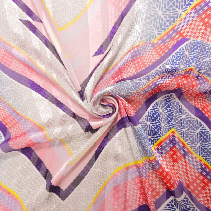 Red-Multi Silk Abstract Chevron Print Chiffon Satin Woven Fabric