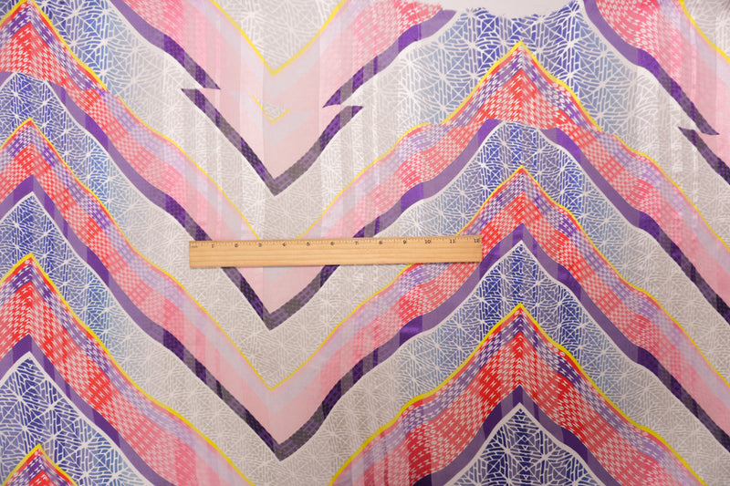 Red-Multi Silk Abstract Chevron Print Chiffon Satin Woven Fabric