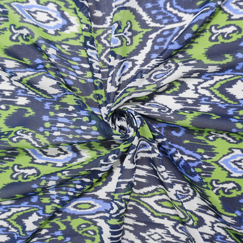 Blue-Multi Silk Ikat Printed Chiffon Woven Fabric