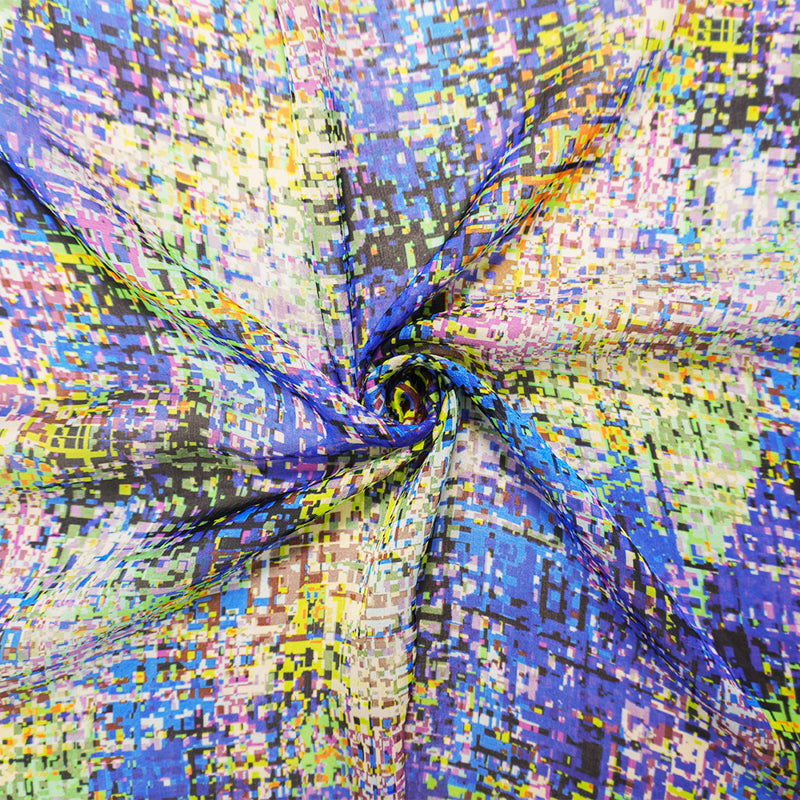 Blue-Multi Silk Abstract Pixel Printed Chiffon Woven Fabric