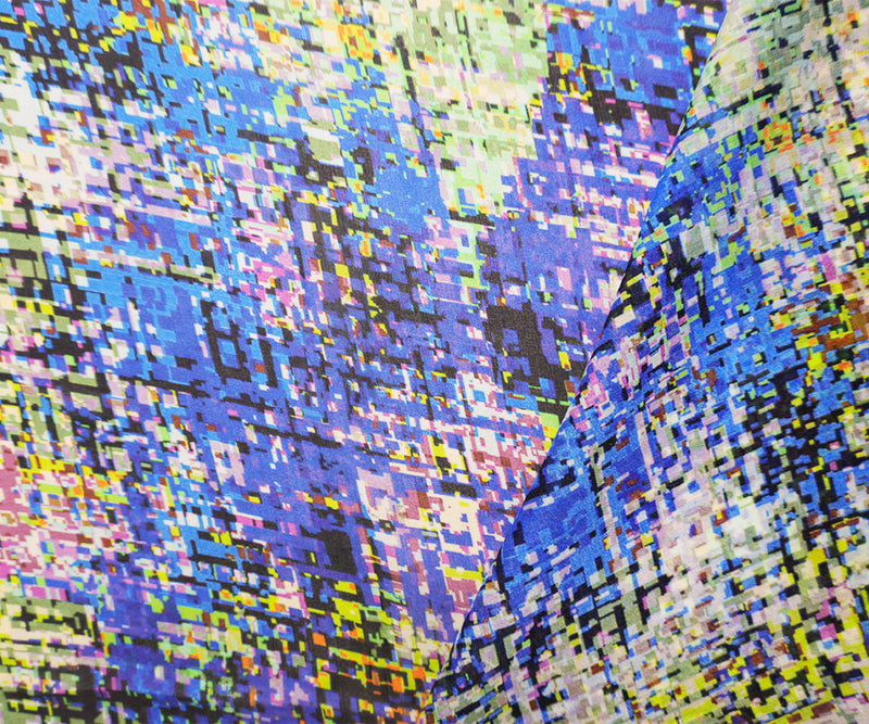 Blue-Multi Silk Abstract Pixel Printed Chiffon Woven Fabric