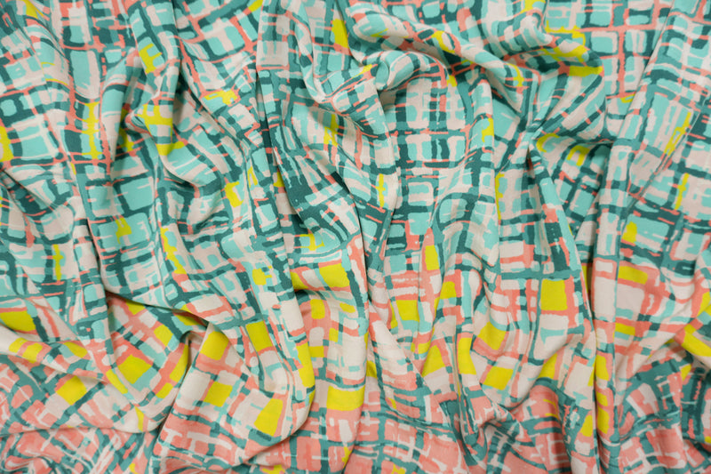 Coral Silk Abstract Geometric Printed Crepe De Chine Woven Fabric