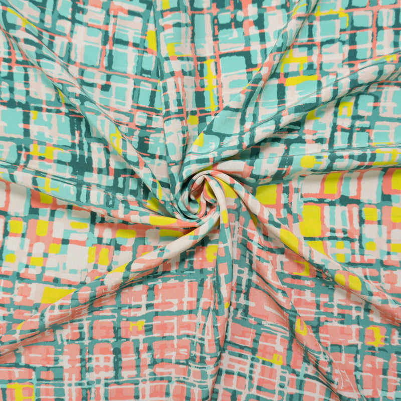 Coral Silk Abstract Geometric Printed Crepe De Chine Woven Fabric