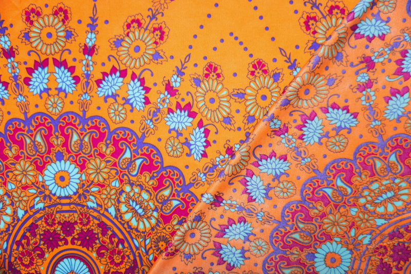 Orange Silk Medallion Floral PANEL Printed Interlock Knit Fabric