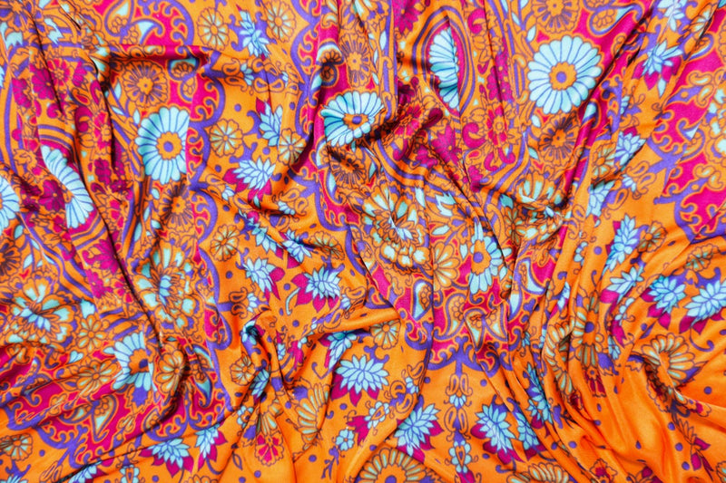 Orange Silk Medallion Floral PANEL Printed Interlock Knit Fabric