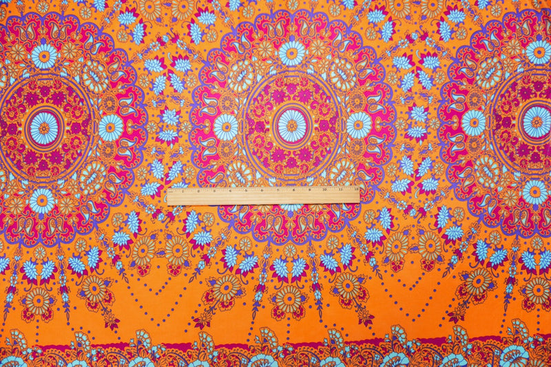 Orange Silk Medallion Floral PANEL Printed Interlock Knit Fabric