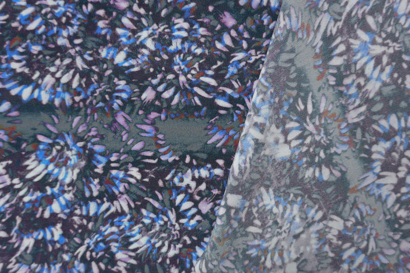 4 1/2 YD PC-Purple Silk Abstract Floral Printed Matte Crepe De Chine Woven Fabric