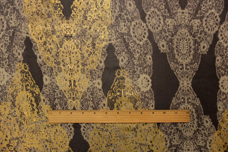 Gold Silk Baroque Foil Printed Chiffon Woven Fabric