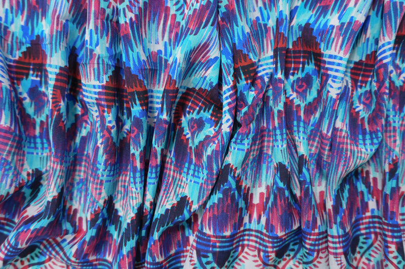 Blue Silk Peacock Tribal Printed Crepe De Chine Woven Fabric