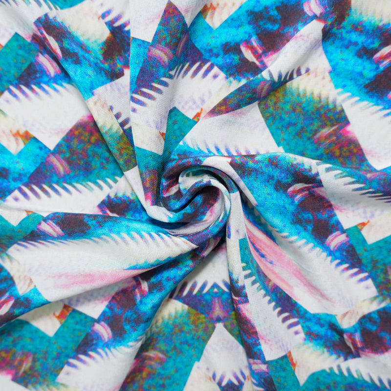 Blue Silk Abstract Fragments Printed Crepe De Chine Woven Fabric