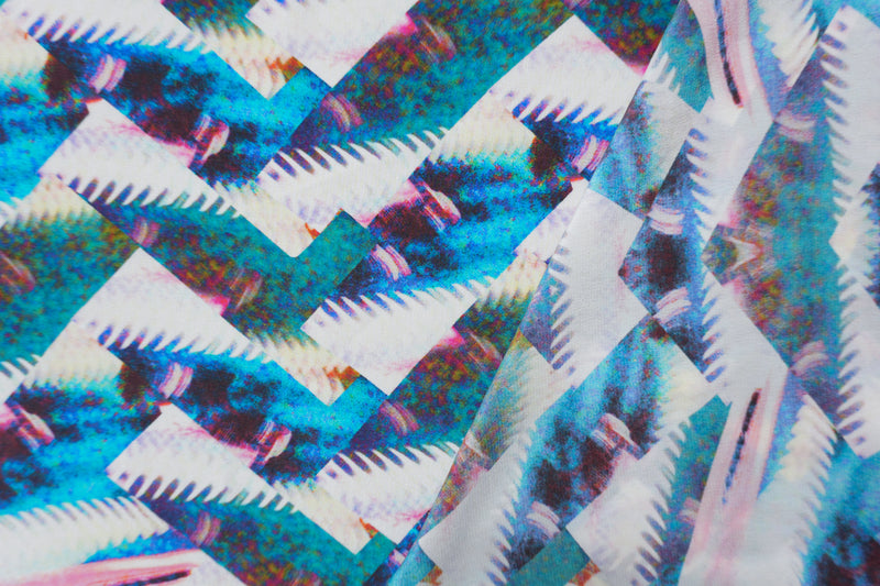 Blue Silk Abstract Fragments Printed Crepe De Chine Woven Fabric