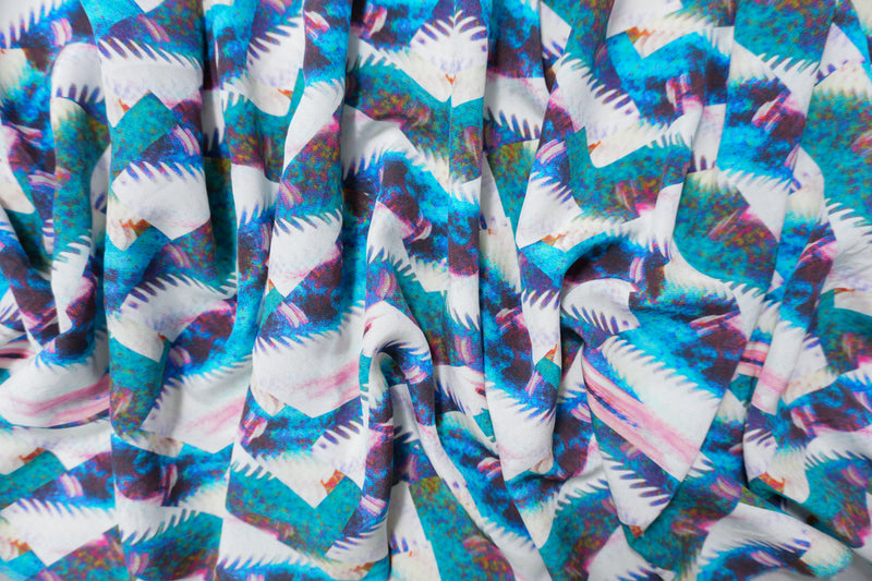 Blue Silk Abstract Fragments Printed Crepe De Chine Woven Fabric