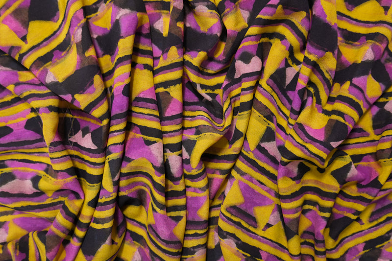 Purple Silk Aztec Stripe Printed Semi-Sheer Crepe Woven Fabric