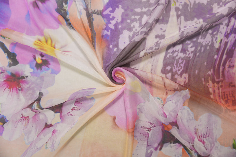 Purple Silk Floral Printed Chiffon Woven Fabric