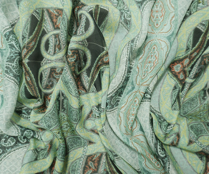 Green Silk Paisley Printed Chiffon Woven Fabric