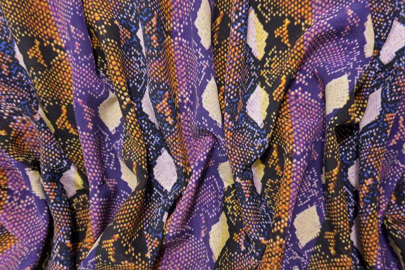 Purple Silk Abstract Reptile Printed Crepe De Chine Woven Fabric