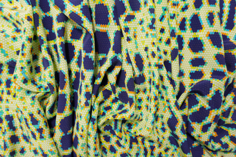 Blue Silk Honeycomb Reptile Printed Crepe De Chine Woven Fabric