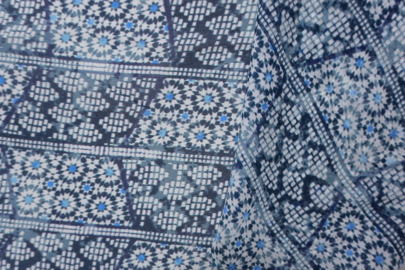 Blue Silk Geometric Border Printed Chiffon Woven Fabric