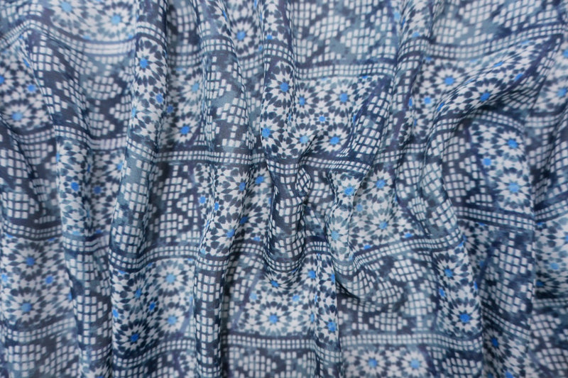 Blue Silk Geometric Border Printed Chiffon Woven Fabric