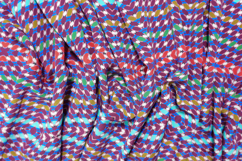 Purple Silk Kaleidoscope Printed Crepe De Chine Woven Fabric