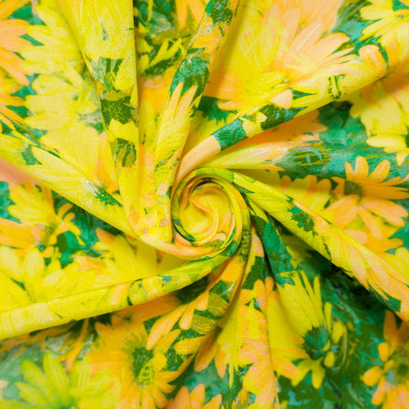 Yellow Silk Floral Printed Semi-Sheer Crepe Woven Fabric