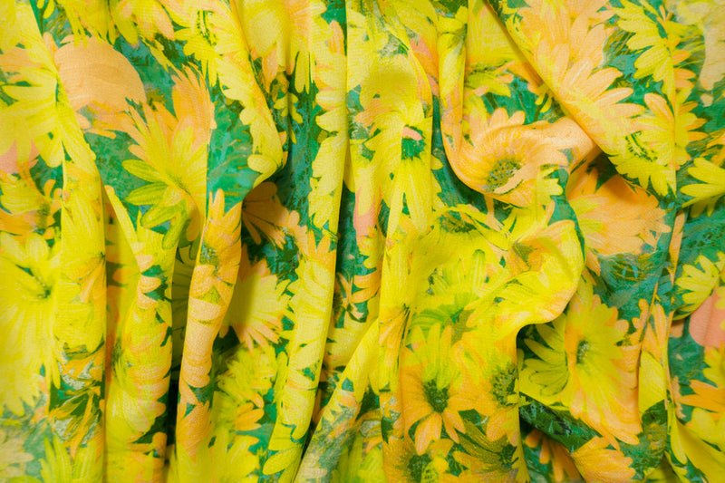 Yellow Silk Floral Printed Semi-Sheer Crepe Woven Fabric