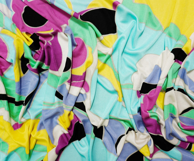 Teal Silk Abstract Floral Printed Interlock Knit Fabric