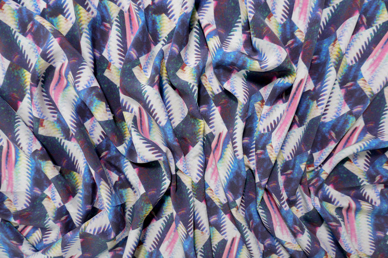 Blue Silk Abstract Fragment Printed Matte Crepe De Chine Fabric